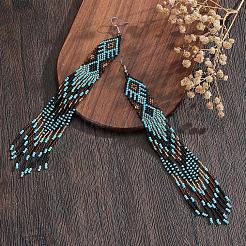 Bohemian Handmade Glass Seed Beads Rhombus Long Tassel Dangle Earrings&nbsp;AP6965
