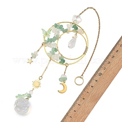 Natural Green Aventurine & Brass Ring Suncatcher with 304 Stainless Steel Sun Moon Star Charm&nbsp;HJEW-JM05009-02