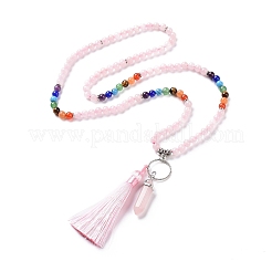 Natural Rose Quartz Bullet & Tassel Pendant Necklace with Mixed Gemstone Beaded Chains&nbsp;NJEW-E585-02E