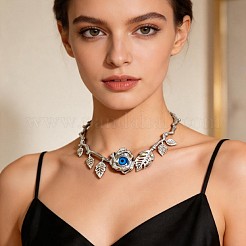 Alloy Crystal Rhinestone & Resin Blue Evil Eye Rose Flower Hinged Open Cuff Choker Necklaces for Women&nbsp;WG757BF-02