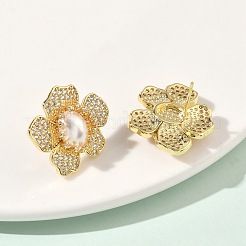 Flower Brass Micro Pave Clear Cubic Zirconia Stud Earrings&nbsp;EJEW-P336-01G
