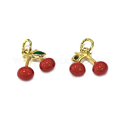 Brass Enamel Charms, Cadmium Free & Lead Free, Cherry Charms, Long-Lasting Plated, Real 18K Gold Plated, Red, 11x13x5.5mm, Hole: 2.4mm