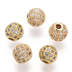 Rack Plating Brass Cubic Zirconia Beads, Long-Lasting Plated, Cadmium Free & Lead Free, Round, Golden, 8x7mm, Hole: 2mm