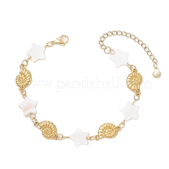 Natural Freshwater Shell Beads & Shell Shape 304 Stainless Steel Connector Charms Link Bracelets for Women&nbsp;BJEW-JB12216-01