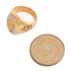 Oval with Saint 304 Stainless Steel Rhinestone Finger Ring for Unisex&nbsp;RJEW-Z076-05G-02