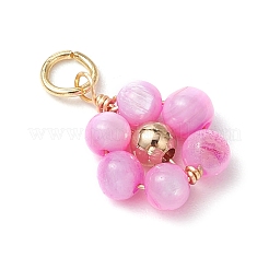 Dyed Natural Shell & Brass Round Beaded Flower Pendants&nbsp;PALLOY-JF03462
