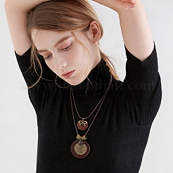1Pc Bohemian Wood & Alloy Pendant Double Layer Necklaces for Women&nbsp;NJEW-CL0001-37