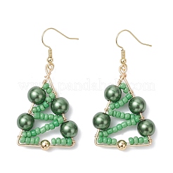 Christmas Tree Glass Pearl & Glass Seed Dangle Earrings&nbsp;EJEW-TA00720