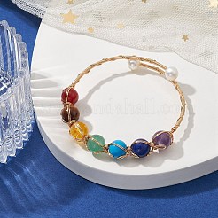 Natural Mixed Gemstone Round Beaded Cuff Bangle&nbsp;BJEW-JB09594