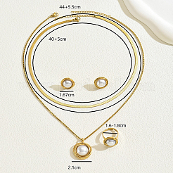 Vintage Stainless Steel Imitation Pearl Round Double Pendant Necklaces & Stud Earrings & Ring Sets for Women&nbsp;OM5590