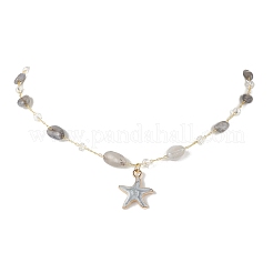 Brass Handmade Natural Labradorite Nuggets Link Chain Alloy Light Grey Enamel Starfish Pendant Necklaces for Women&nbsp;NJEW-JN05366-01