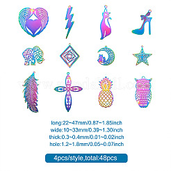 48Pcs 12 Styles 201 Stainless Steel Filigree Pendants&nbsp;STAS-FW0001-17