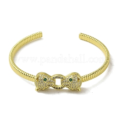 Brass Pave Clear & Green Cubic Zirconia Leopard Open Cuff Bangle for Women&nbsp;BJEW-K246-22B-G