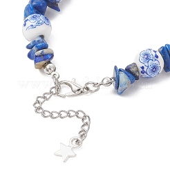 Handmade Flower Printed Porcelain Ceramic & Dyed Natural Lapis Lazuli Beaded Bracelets for Women&nbsp;BJEW-JB12967