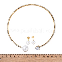 Round Plastic Imitation Pearl Stud Earrings & Heart Cubic Zirconia Rhinestone Cuff Choker Necklaces Sets&nbsp;SJEW-U003-10G