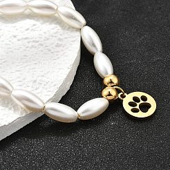 304 Stainless Steel Flat Round with Paw Print Charm Bracelets for Women&nbsp;BJEW-C098-11G