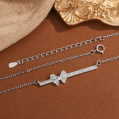 Brass Micro Pave Clear Cubic Zirconia Bowknot Pendant 304 Stainless Steel Cable Chain Necklaces for Women&nbsp;WG67A1C-01