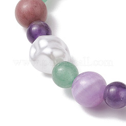 Round Natural Amethyst & Dyed Yellow Jade & Green Aventurine & Rhodochrosite & Nuggets Plastic Imitation Pearl Beaded Stretch Bracelets for Women&nbsp;BJEW-JB10629