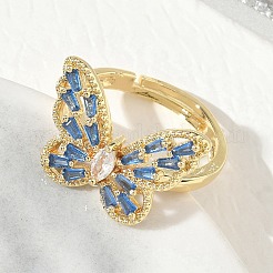 Adjustable Brass Butterfly Finger Rings with Light Blue Cubic Zirconia&nbsp;CU-CBA7E55-18G-02
