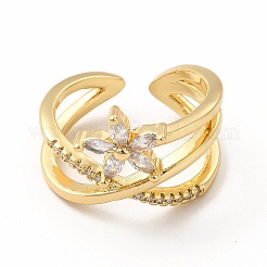 Cubic Zirconia Flower with Criss Cross Open Cuff Ring&nbsp;RJEW-G281-06G