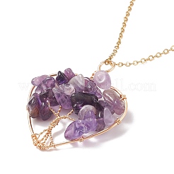 Natural Gemstone Chips Heart with Tree of Life Pendant Necklace&nbsp;NJEW-JN03906