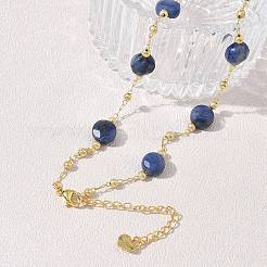 Natural Sodalite Faceted Flat Round Beaded Chain Necklaces with Matte Brass Beads&nbsp;GG-CBA37F5-01G-07