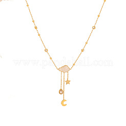 304 Stainless Steel Pave Clear Cubic Zirconia Cloud Moon with Tassel Pendant Necklaces&nbsp;FS-WG87FF9-01