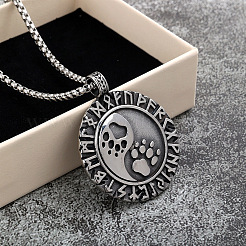 Vintage 304 Stainless Steel Viking Flat Round with Paw Print Rune Pendant Necklaces for Men&nbsp;WG9357C-01