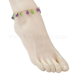 Acrylic Leaf & Glass Seed Beaded Grapes Tassel Brass Bar Link Chain Anklets for Women&nbsp;AJEW-MZ00008-01