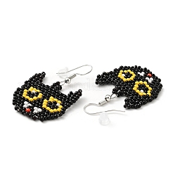 Glass Seed Braided Cat Dangle Earrings&nbsp;EJEW-B012-11