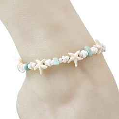 Ocean Natural Amazonite Chip & Starfish Synthetic Turquoise & Glass Seed Beaded Braided Anklets for Women&nbsp;AJEW-AN00805