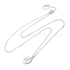 925 Sterling Silver Oval with Engraved Rose Flower Pendant Necklaces for Women&nbsp;NJEW-D316-03P