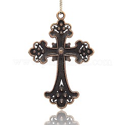 Nickel Free Red Copper Tone Alloy Rhinestone Budded Cross Big Pendants&nbsp;RB-J141-05R-NF