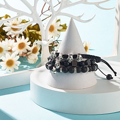 3Pcs 3 Style Synthetic Turquoise(Dyed) & Natural Lava Rock Braided Bead Bracelets Set with Alloy Skull&nbsp;BJEW-JB07865