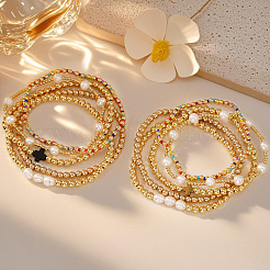 5Pcs 5 Styles Brass & Freshwater Pearl Round Beads Stretch Bracelet Set&nbsp;XL2299-1