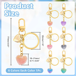 6Pcs 6 Colors Transparent Resin with 304 Stainless Steel Heart Pendant Keychain&nbsp;KEYC-AR00010
