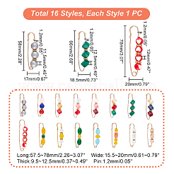 16Pcs 16 Style Resin Imitation Gemstone & Crystal Rhinestone Beaded Safety Pin Brooches&nbsp;JEWB-PH0001-27