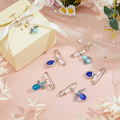 6Pcs 6 Styles Alloy & ABS Plastic Pearl & Glass Brooches&nbsp;JEWB-FH00037