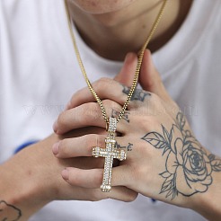 304 Stainless Steel Pave Clear Cubic Zirconia Cross Pendant Box Chain Necklaces&nbsp;FS-WGF22C9-01