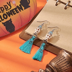 Synthetic Turquoise Skull Dangle Earrings&nbsp;EJEW-TA00235-02