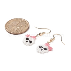 Glass Seed Braided Skull with Flower Dangle Earrings&nbsp;EJEW-MZ00023-02