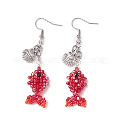 Fish with Shell Shape 304 Stainless Steel Glass Beads Dangle Earrings&nbsp;EJEW-MZ00436-02