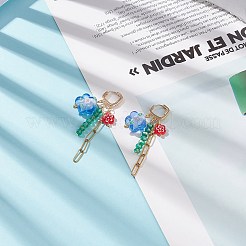 Lampwork Flower & Glass & Chain Tassel Long Dangle Hoop Earrings&nbsp;EJEW-TA00138