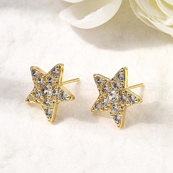 Star Brass Micro Pave Clear Cubic Zirconia Stud Earrings&nbsp;EJEW-K276-13G
