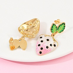 304 Stainless Steel Enamel Strawberry Dangle Stud Earrings&nbsp;LS-EJEW-A138-10G-02