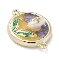 Brass Enamel Flat Round with Rose Connector Charms&nbsp;KK-M308-01G-01