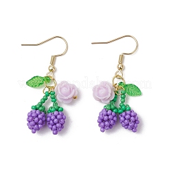 Flower with Cherry 304 Stainless Steel Glass Seed Beads Dangle Earrings&nbsp;EJEW-MZ00419-01