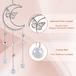Natural Rose Quartz Chips & Metal Moon Butterfly Hanging Ornaments&nbsp;AJEW-WH20080-03A
