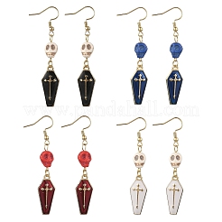 4 Pairs Synthetic Turquoise Skull with Coffin Dangle Earrings&nbsp;EJEW-JE06604
