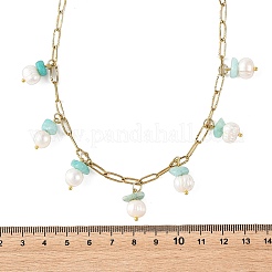 Natural Amazonite Chip and Pearl Tassel 304 Stainless Steel Paperclip Chain Necklaces for Women&nbsp;NJEW-JN06528-03